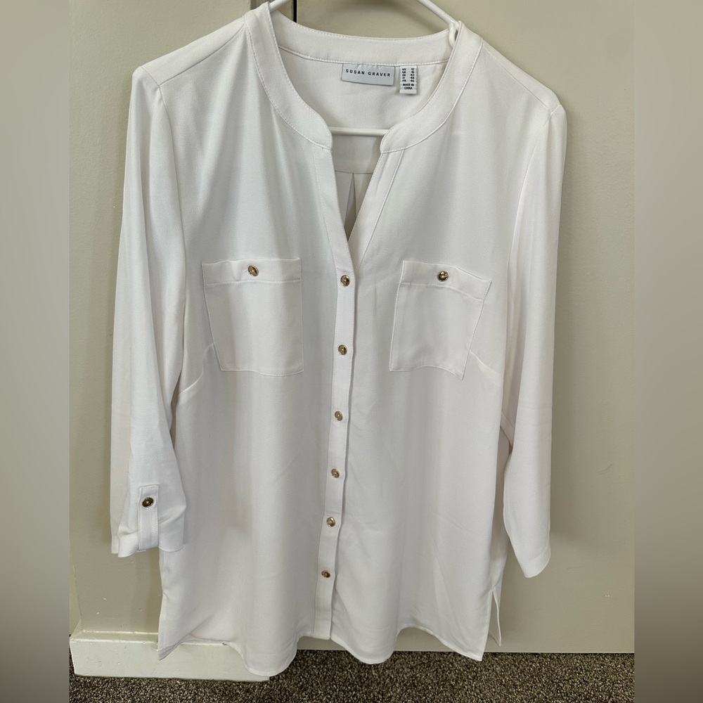 Susan Graver white button down blouse with gold buttons